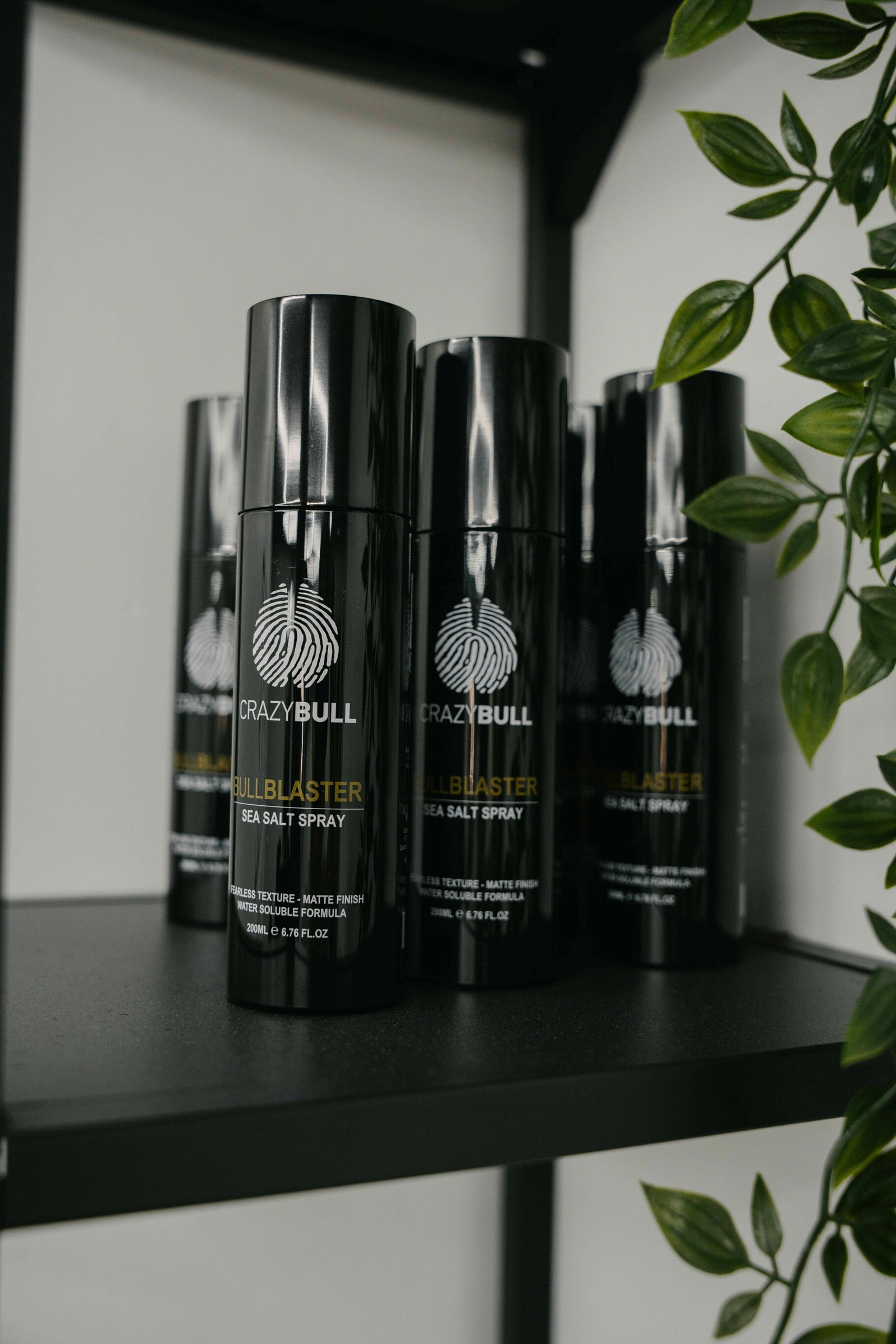 Styling products lined up on a black shelf beside a trailing plant